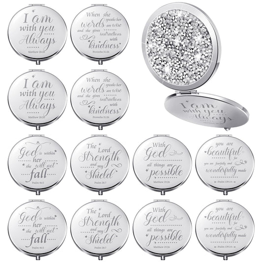 Thyle 12 Pcs Compact Mirror Bulk Gifts Christian Pocket Mirror for Confirmation Favors Catholic VBS Women Bible Verse Wallet Makeup Compact Religious Baptism(Same,Silver)