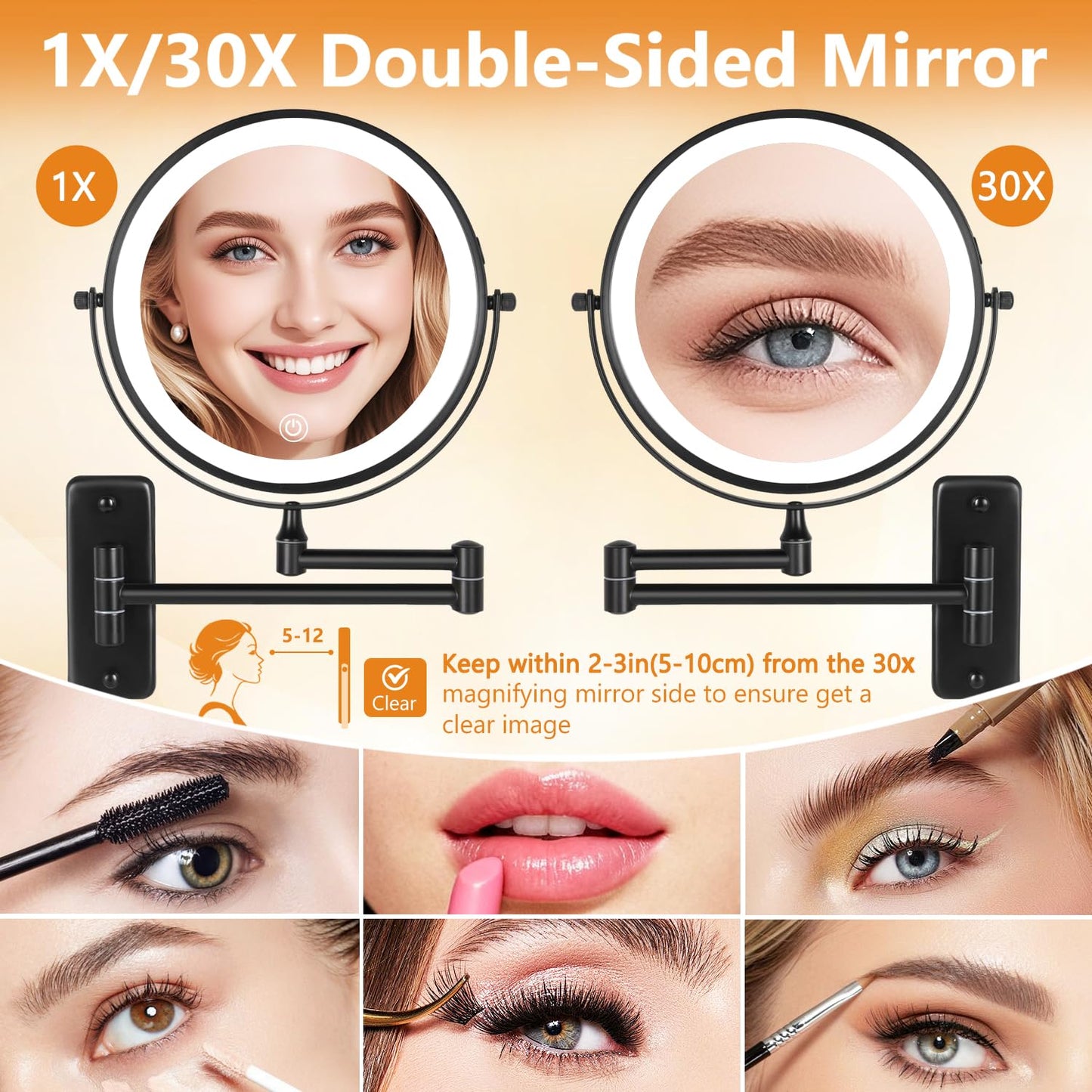 DECLUTTR 1X/30X Wall Mounted Lighted Makeup Mirror, 8" Rechargeable Double Sided Magnifying Mirror with Light, 3 Color Lights Touch Dimmable, Extended Swivel Makeup Mirror