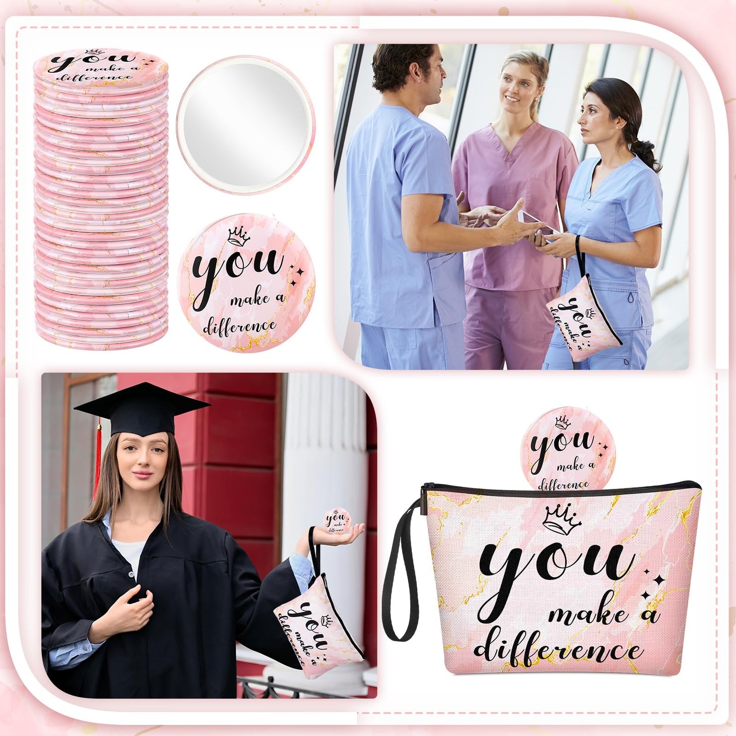 Xuniea 24 Pcs Employee Appreciation Gifts for Women 12 Motivation Canvas Makeup Bags 12 Pocket Mirror Inspirational Thank You Gifts for Teacher Mother's Day Nurse Team(Make A Difference)