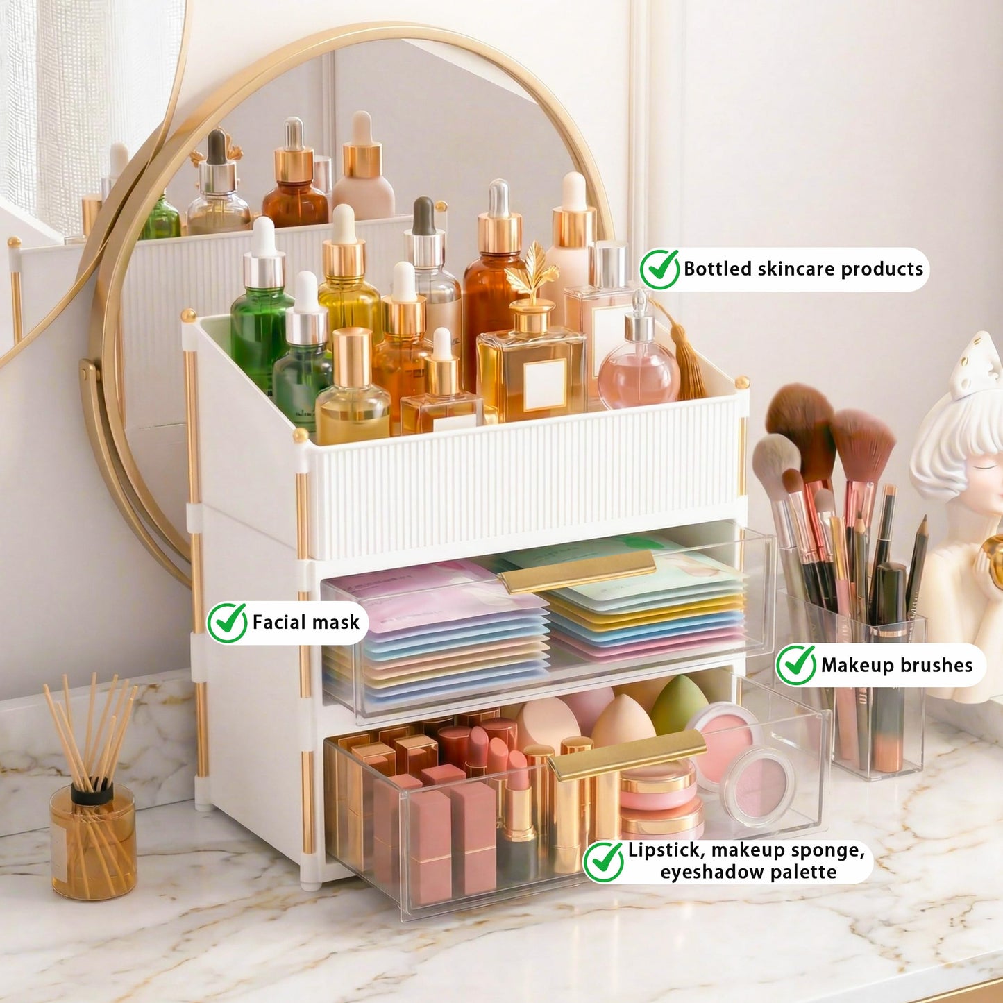 Asdbko Large Capacity Makeup Organizer Countertop with Brush Holder, Vanity Skincare Perfume Storage Box for Bathroom, Mother's Day Birthday Anniversary Teen Girl Gifts for Women Mom