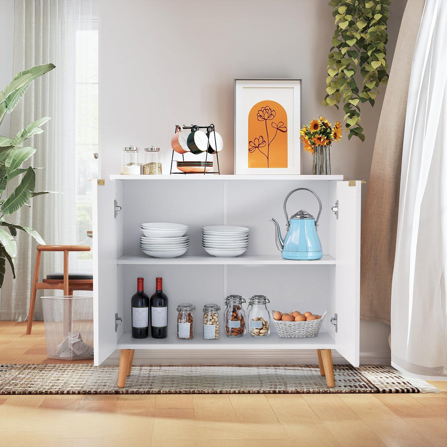 HOMHUM Modern Buffet Cabinet, Fluted Sideboard Buffet Cabinet with Storage, Wood Accent Table with Adjustable Shelf for Living Room, Entryway, White
