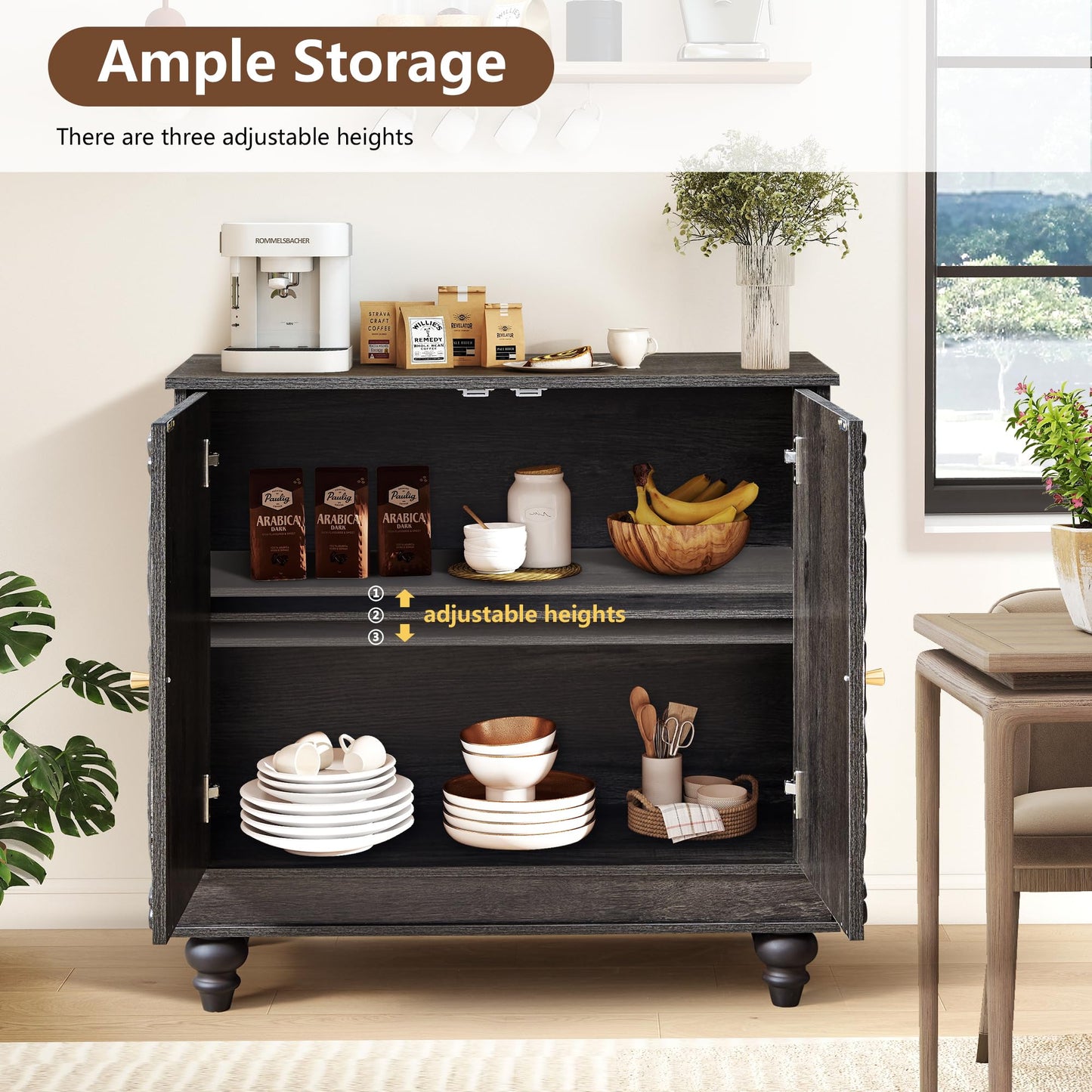 weselon Accent Cabinet Set of 2, Classic Carved Buffet Cabinet Storage Sideboard with Adjustable Shelves, Entryway Table for Living Room (Antique Black-Brown)