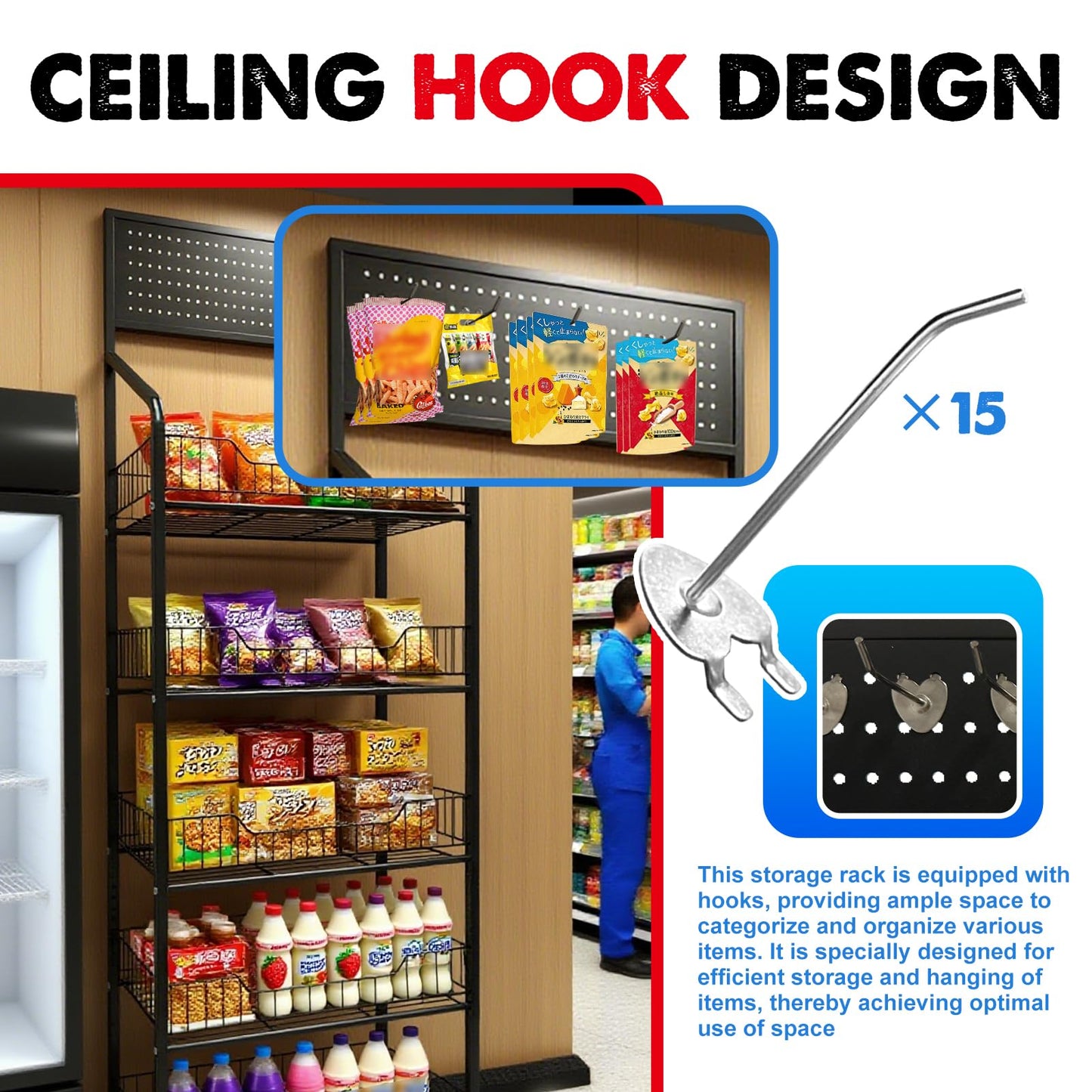 5 Tier Retail Candy Display Rack Metal Storage Shelf with Wheels & 15 Hooks Concession Candy Snack Display Racks Sturdy and Stable Chip Shelf Rack for Stores, Kitchen, Office (5 Tier Black 50cm)