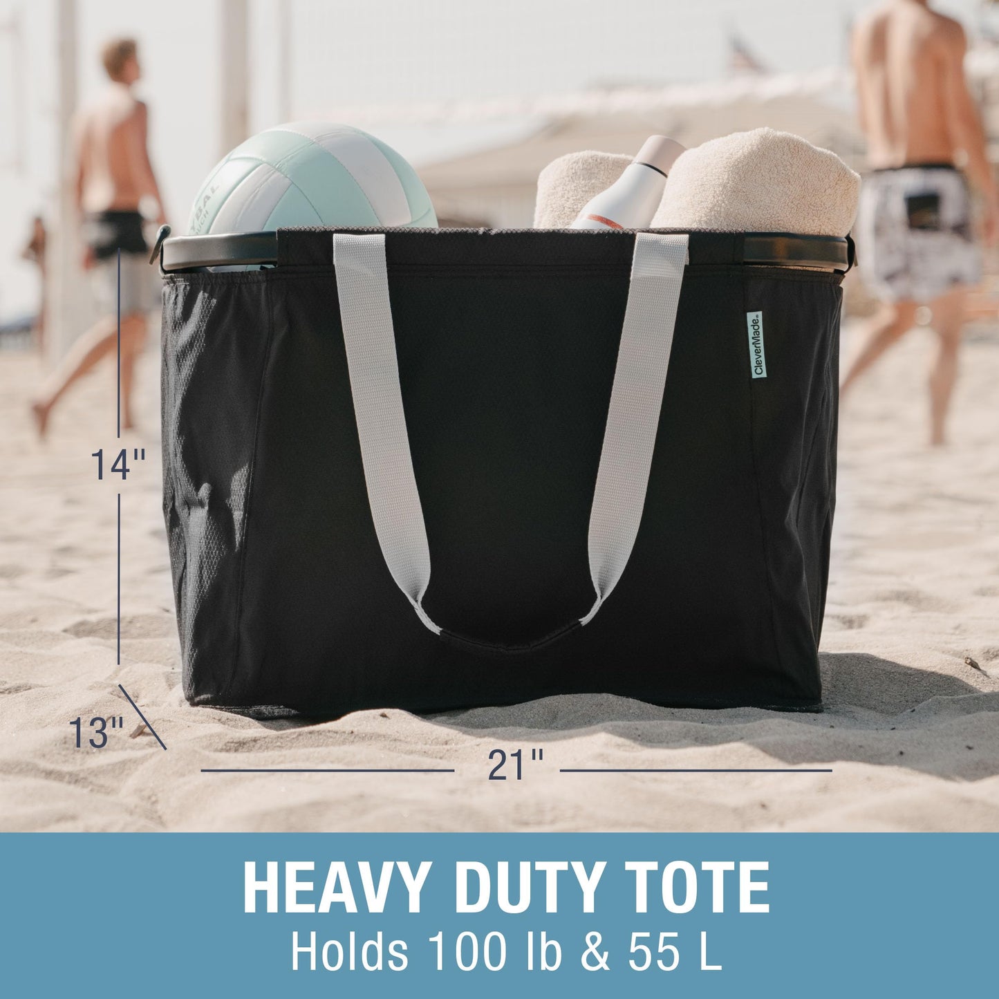 CleverMade Gear Hauler Pro Collapsible Outdoor Tote with Aluminum Frame, Heavy-Duty Recycled Fabric Utility Bag for Camping, Beach, Travel & Grocery Hauling, 14 Gal / 55L & 100 Lb Capacity - Midnight