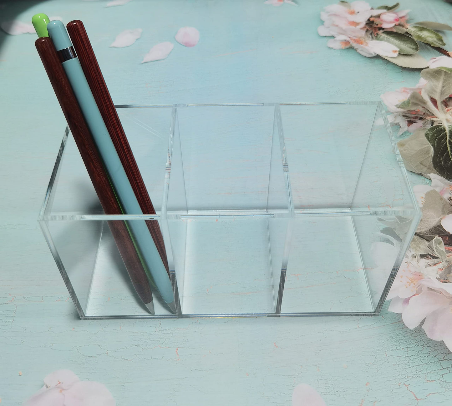 Acrylic Pen Holder Clear Pencil Organizer Makeup Brush Holder Countertop Desk Accessory Storage (3 Compartments)