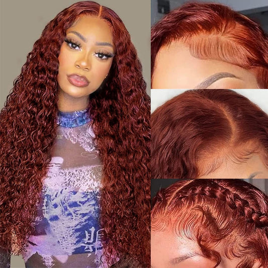 Aveiyce Reddish Brown Deep Wave Lace Front Wigs Human Hair 33b Color 13x4 HD Lace Frontal Wig for Women 180% Density Glueless Copper Red Curly Wig Pre Plucked 26 Inch