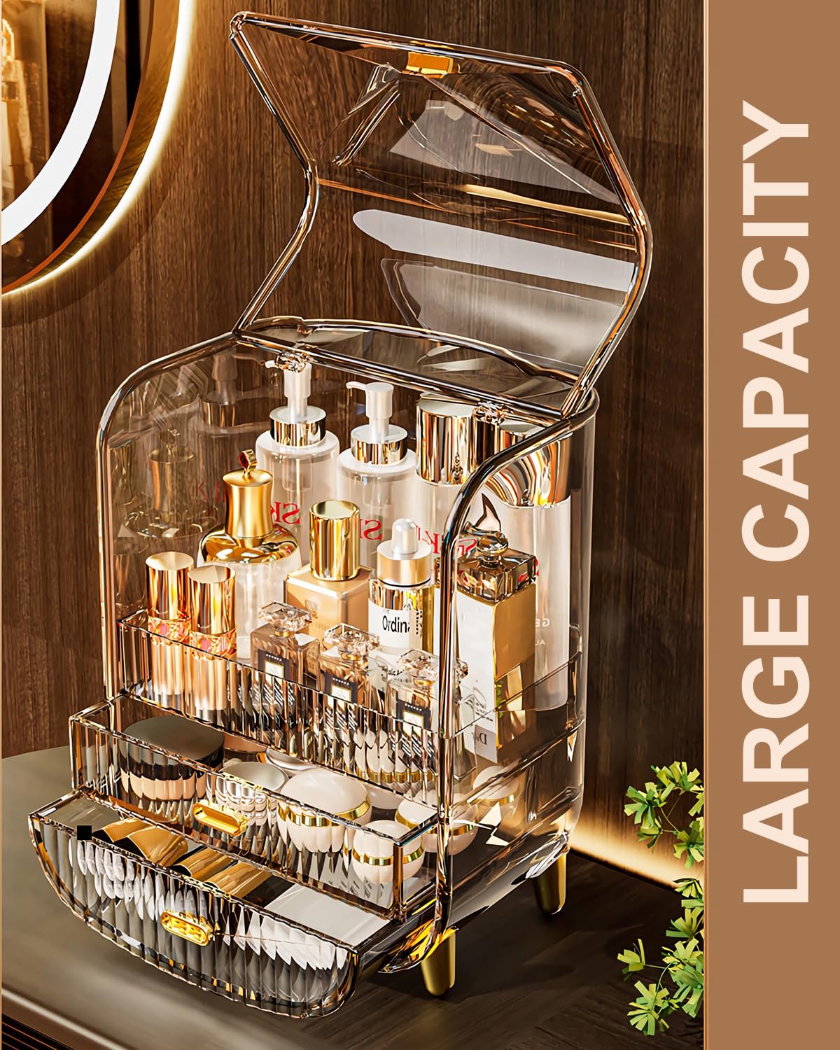Makeup Organizer, Large Capacity Cosmetics Makeup Organizer for Vanity, Dustproof Waterproof Cosmetics Display Case with Drawers for Skincare, Lipstick, Brushes and Jewelry (Clear)