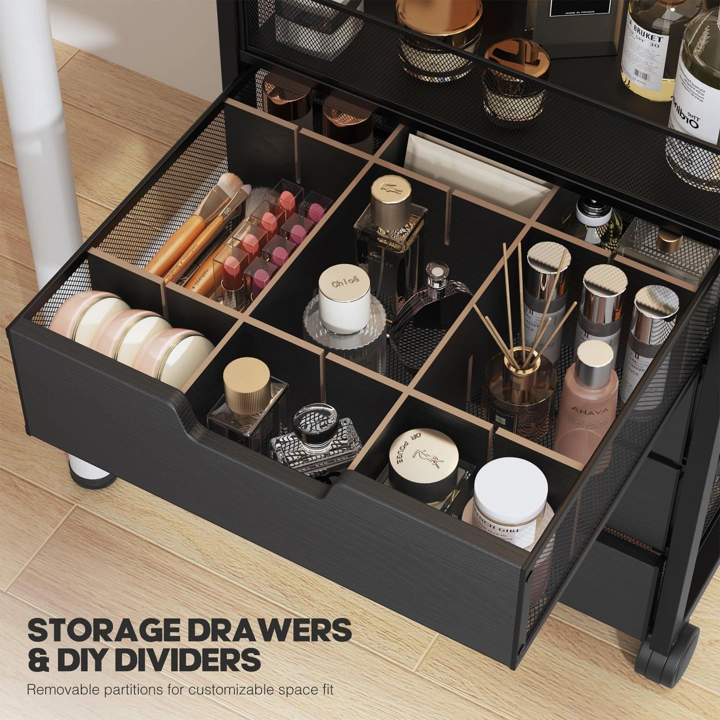 SEFILENCE Makeup Organizer Cart with 4 Drawers, Vanity Storage Drawer Carts with Dividers, Nail Cart Organizer Cosmetic Display Cases Cabinet for Skin Care, Nail Polish, Perfume, Black