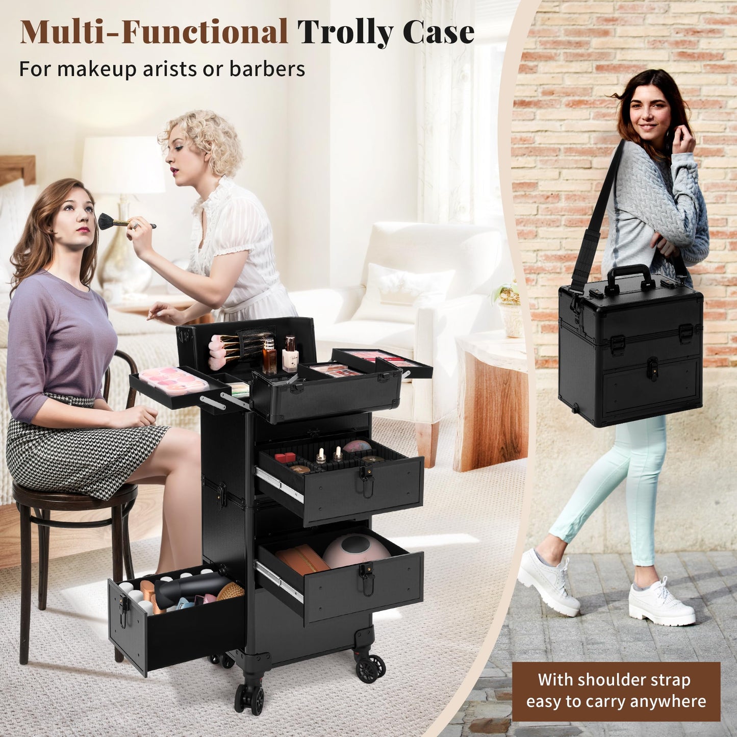 AROUS Rolling Makeup Case with 3 Drawers, Cosmetology Case on Wheels 5 IN 1 Makeup Train Case Make Up Organizer for Artist Salon Nail Teach Trunk,Black