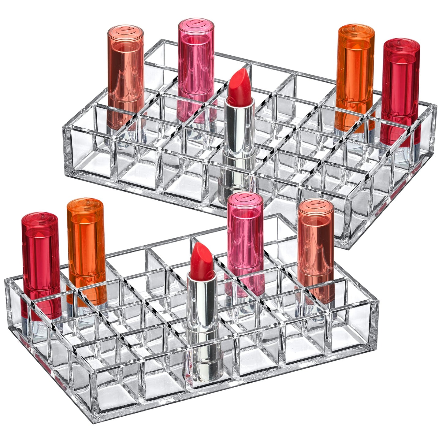 Amazing Abby - Allure - 2-Pack 24-Slot Acrylic Lipstick Organizer, Lipstick Holder, Lip Gloss Holder, Cosmetic Storage Display, Perfect Storage Solution for Drawer and Vanity (Slot Size: 1.0" x 1.0")