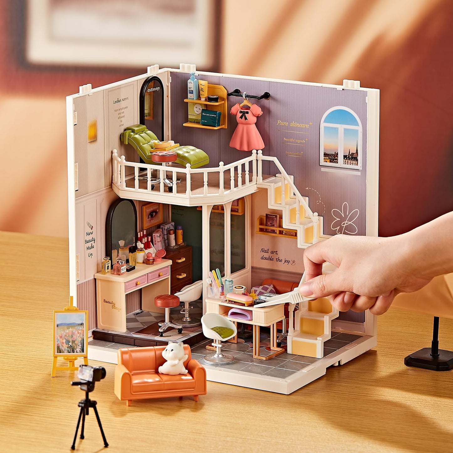 DIY Miniature House Kit Beauty Salon – 203 Piece Tiny House Dollhouse Mini Room with LED Light, Nail Art Studio & Makeup Room, Cozy Creative Craft Gift for Kids 8+ & Teens