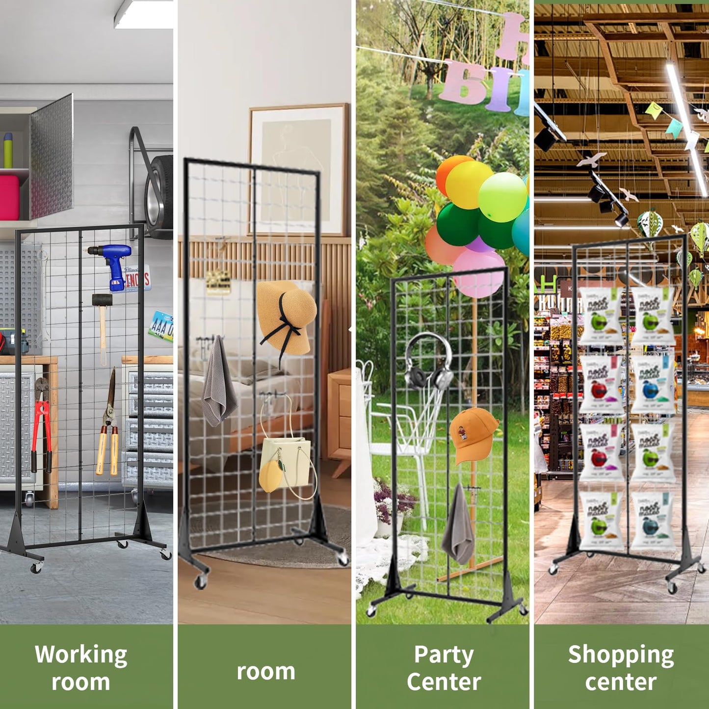 RCZSCBK 3-Pack 2' x 5.5' Grid Wall Panels Standing Wire Grid, Display Rack with T-Base Wheels Freestanding Gridwall Panel Tower for Shop, for Art Fairs Black