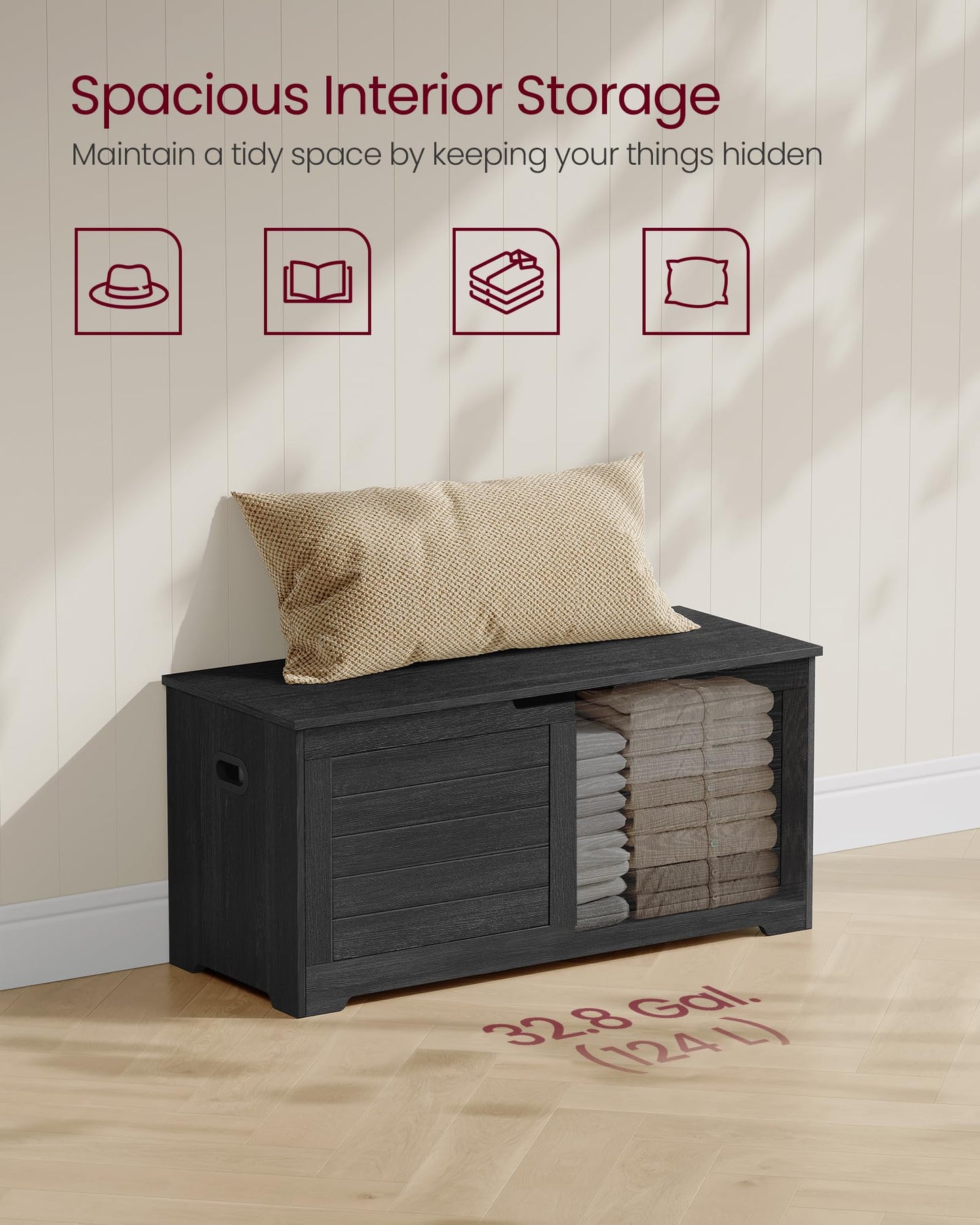 VASAGLE Storage Chest, Storage Bench with 2 Safety Hinges, Farmhouse Style, 15.7 x 39.4 x 18.3 Inches, for Entryway, Bedroom, Living Room, Charcoal Gray ULSB061B01