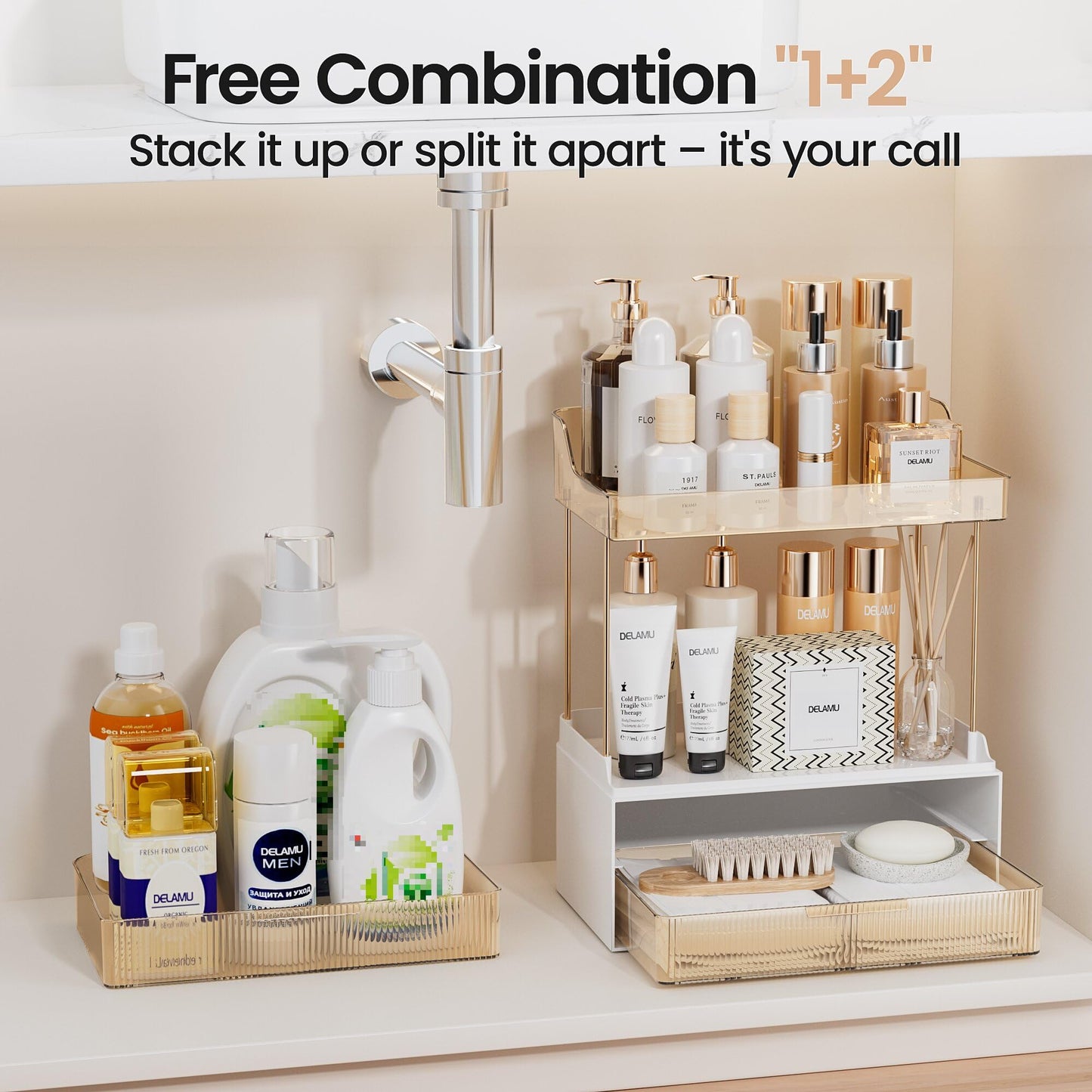 Delamu Bathroom Organizers and Storage, 2 Tier 2 Drawer Makeup Organizer Countertop, Easy to Install, Ideal for Bathroom Counter, Vanity, Ideal Gifts for Women Girls, Amber