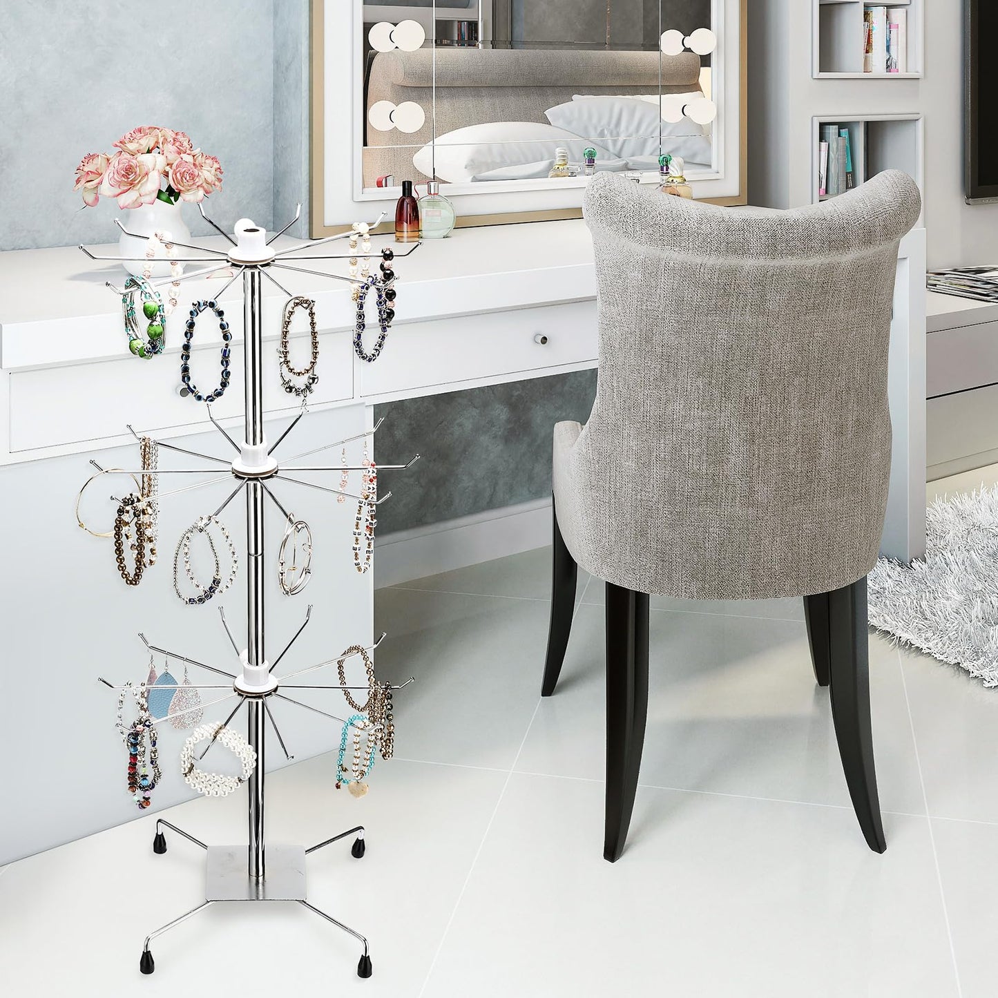 BBTO 2 Pcs Rotating Display Stand Jewelry Display Rack with Hooks Metal Earrings Stand for Vendors Necklace Bracelet Selling(Silver,28.35 x 11.81 Inch)