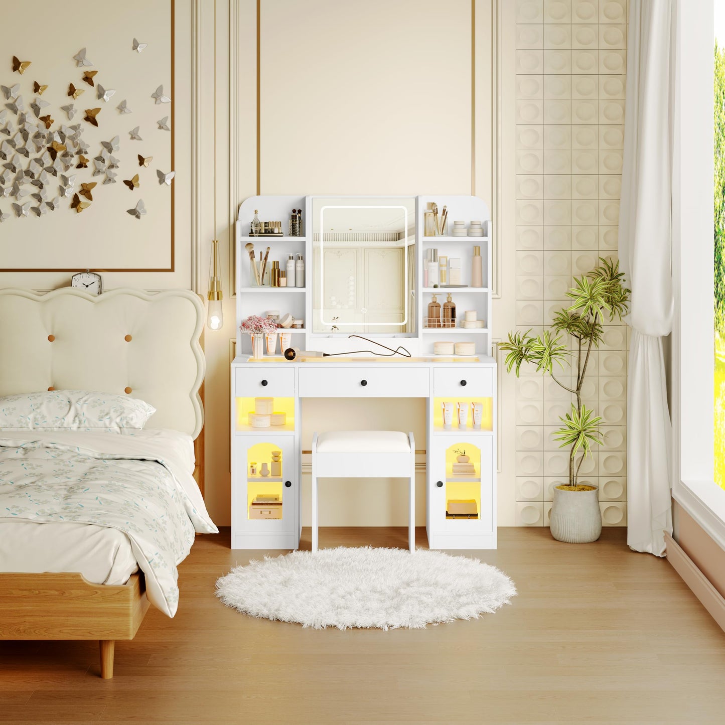 43.2" Vanity Desk with LED Mirror and RGB Glass Light Cabinets, Dressing Table with 3 Drawers, Storage Shelves, Glass Top, Adjustable 3-Color Lighting, Charging Station and Stool for Bedroom, White