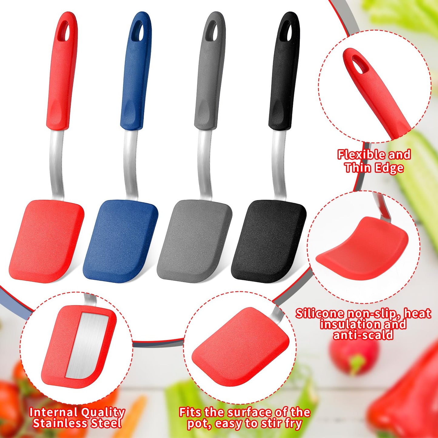 4 Pcs Silicone Cookie Spatula Turner Mini Brownie Spatula Flexible Silicone Spatulas Nonstick Cookware Heat Resistant No Scratch Flipper Baking Utensils for Egg Pancake (Gray, Blue, Black, Red)