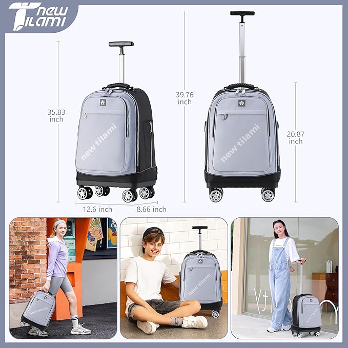 NEW TILAMI 19 Inch Rolling Backpack 360°rotating Universal Wheel, Large Organizer Compartments, Adjustable Handle, Carry on for School Students Business Travel, Soft Grey