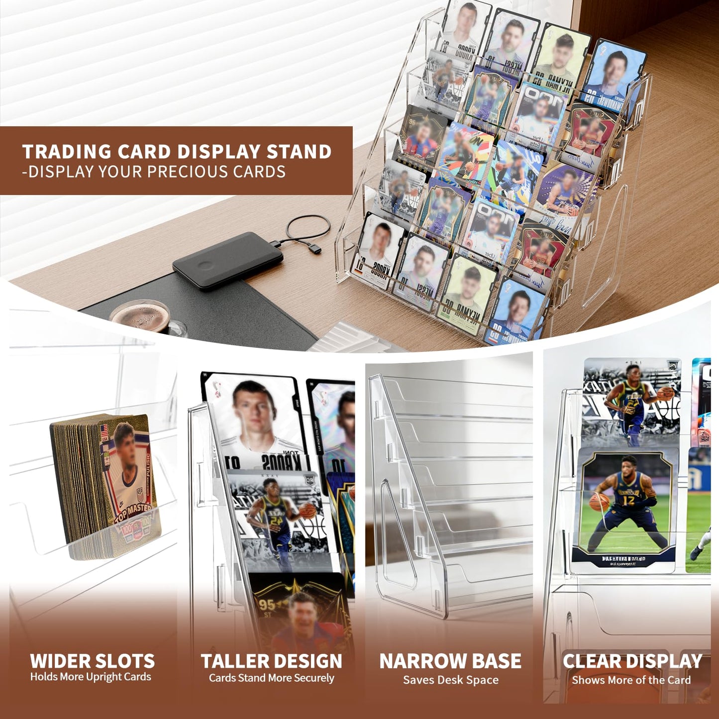 DUNPUTE 5 & 7 Tier Trading Card Display Stand, 12" Clear Acrylic Card Stands for Display, versatile Card Stands for Sports Cards, Graded & Greeting Cards, Postcards, Vendor Stickers, with Snap-On Assembly (Tall 5 Tier)
