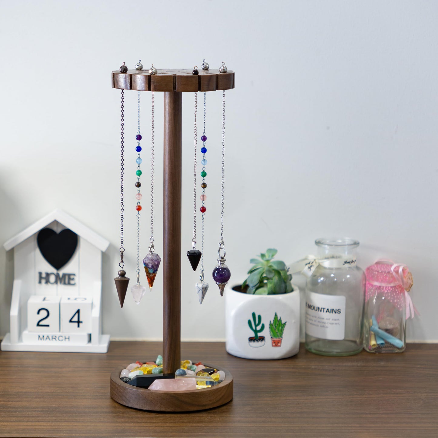 Kihomi Crystal Pendulum Stand with Tray - Walnut Moon Phase Round Crystal Display Holder up to 16 Pendulums and Healing Stone Rack, Wood Aesthetic Witchy Decor Ideal Witchcraft and Wiccan Supplies for