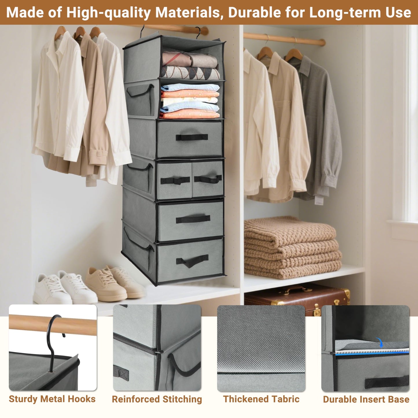 Durable 6-Tier hanging closet organizer with 5 Drawers & 3 Side Pocket,Thickened Fabric Hanging Shelves Holder with Sturdy Hook,Space-saving Storage Organization for Bedroom,Dorm,Guestroom,RV,Bathroom