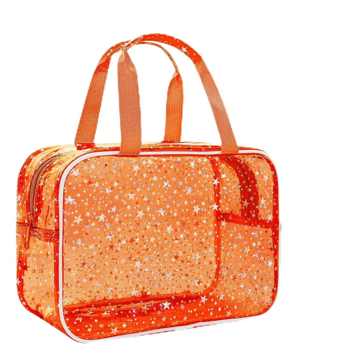 Junesters Clear Orange Star Large Makeup Bag with Star Pattern 12x5x8 inch, Travel Cosmetic Bag with Handle, Durable PVC Material Washbag Zipper Opening Design for Makeup Travel Organizer or Gym Use
