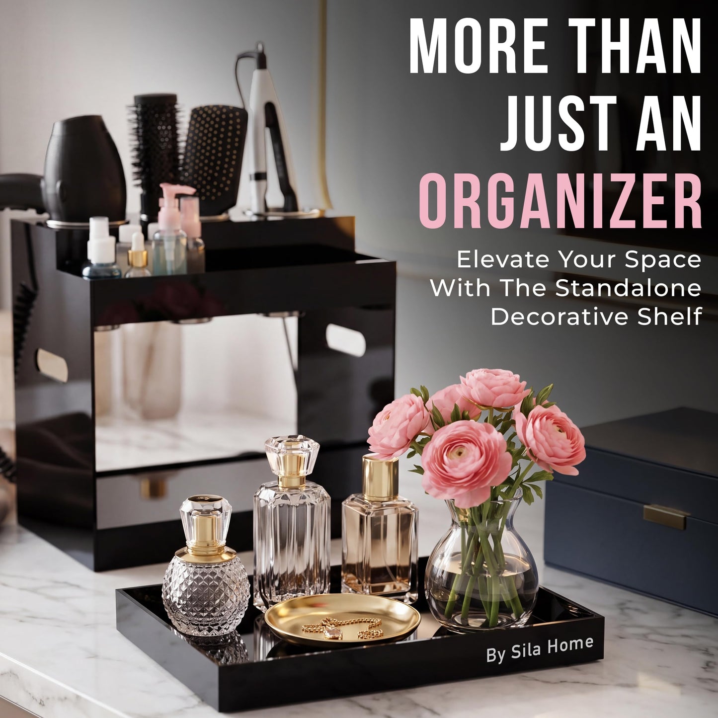Hair Tool Organizer Countertop Extra Wide Bay | Bathroom & Hot Tools Organizer For Hair | Hairdryer Holder For Bathroom Vanity | Hot Tools Storage for Curling Iron Straightener, 3 Stainless Cups Black