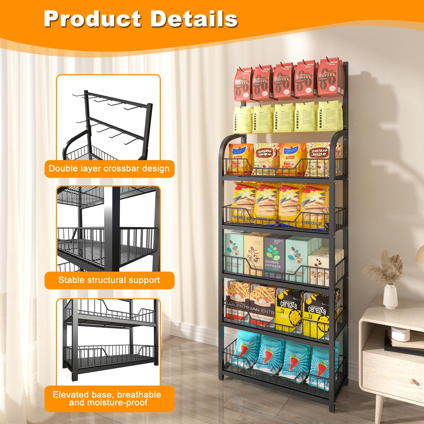 GZAODMCP 5 Tier Snack Display Rack, Retail Organizer with Hooks, Candy Potato Chip Storage Shelf, Snack Storage Organizer for Supermarket Stores Kitchen (23.6x10.6x65.3 in)