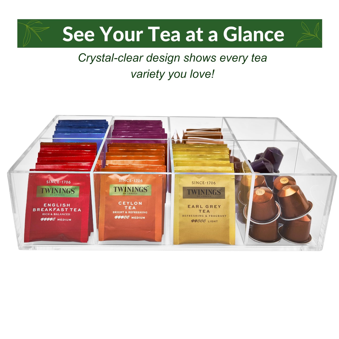 Meicloud Acrylic Tea Bag Organizer - Clear Tea Storage Box, K Cup Coffee Pods Holder with 8 Compartments, Tea Station Organizer for Countertop, Modern Tea Display Stand