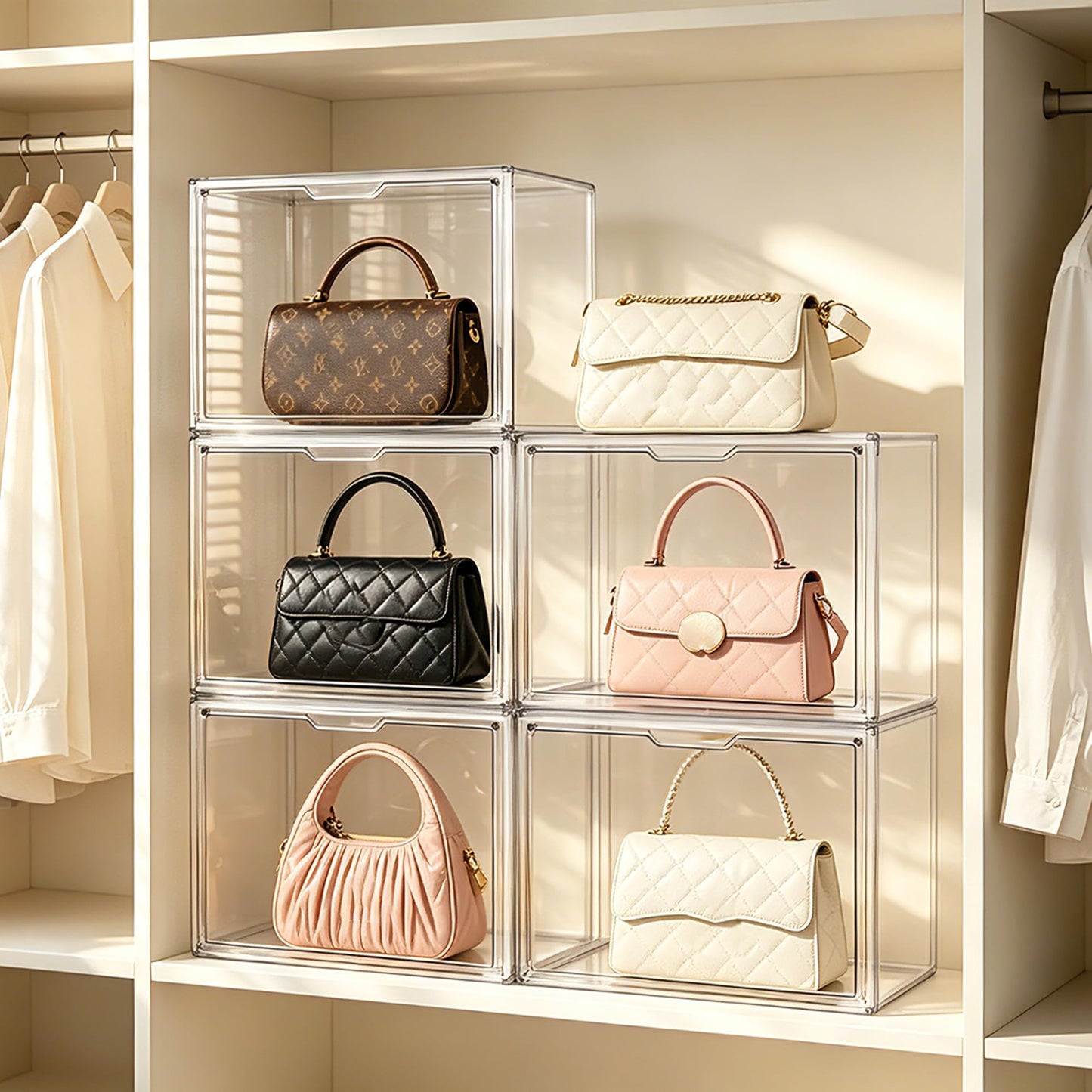 Attelite Plastic Purse and Handbag storage Organizer for Closet, Clear Acrylic Display Case with Magnetic Door for Wallet, Book, Cosmetic, Clutch Organization 3 Pcs
