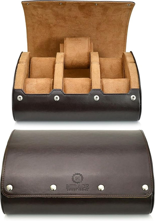 6 Watch Travel Cases for Men - Watch Roll 6 Slots Travel Organizer - Espresso Brown -Signature Hexa Collection