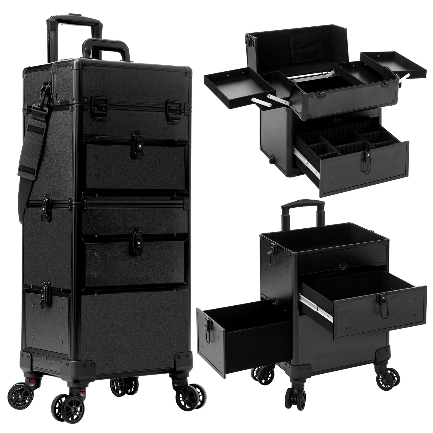 AROUS Rolling Makeup Case with 3 Drawers, Cosmetology Case on Wheels 5 IN 1 Makeup Train Case Make Up Organizer for Artist Salon Nail Teach Trunk,Black