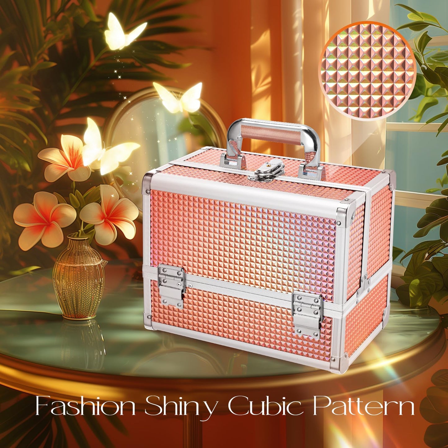 Joligrace Dazzle Gold Makeup Train Case, 3-Tier Makeup Box Organizer and Portable Makeup Organizer Box, Hard Makeup Case with Mirror and Lock, Professional Makeup Case for Women