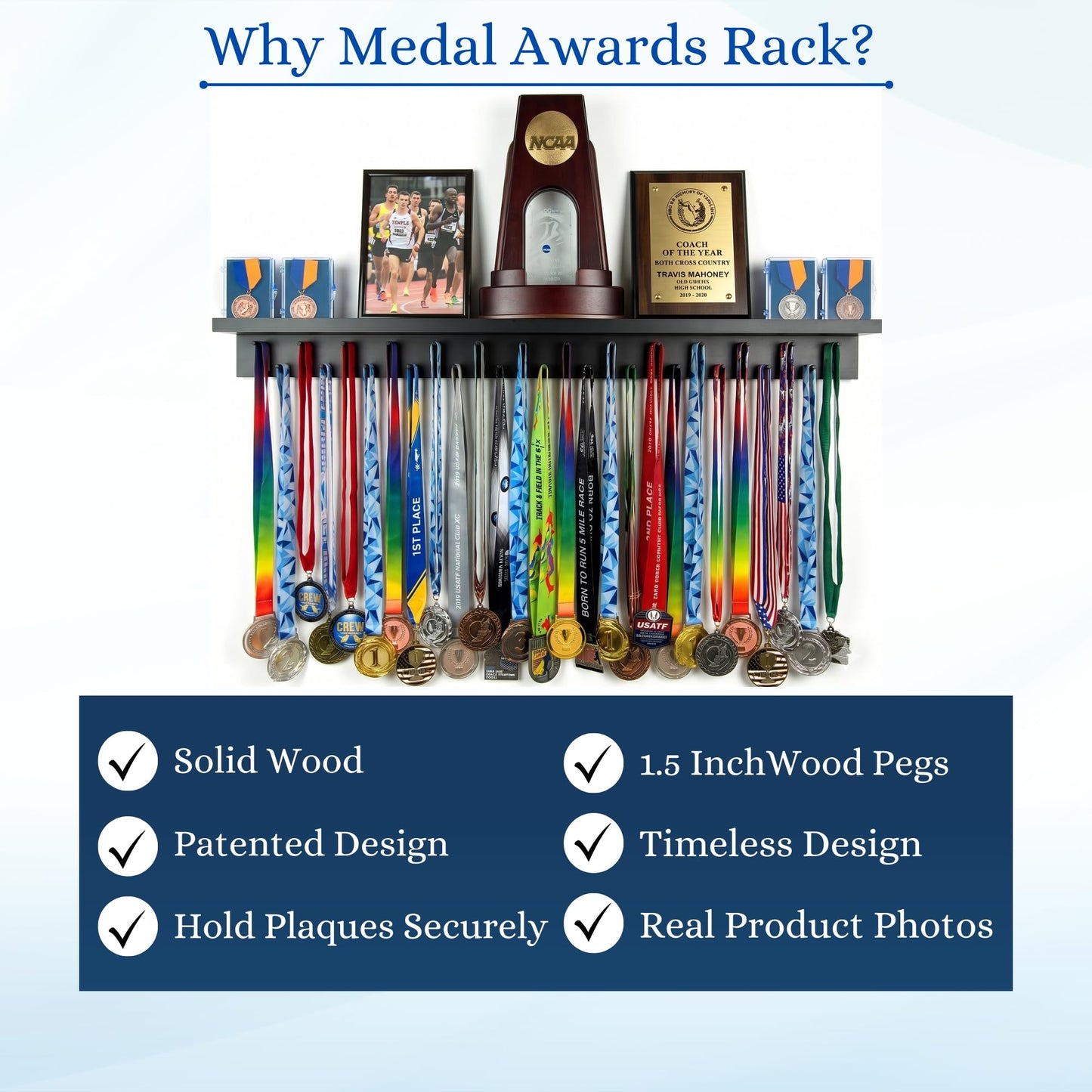 MedalAwardsRack 3ft- Ultimate Medal Hanger Display and Trophy Shelf - Multi-Sport Trophy and Medal Holder for Medal Display, Plaques, Pictures, Trophies and more. Solid Wood - Large 36" - Black