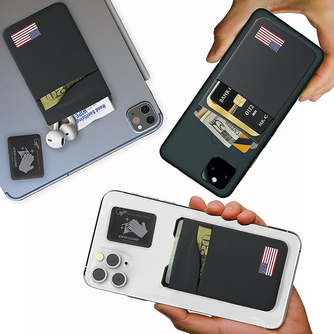 Gecko Travel Tech Double Pocket - Adhesive Card Holder - Cell Phone Pouch - Stick on Spandex Pocket - Carry Credit Cards and Cash (USA FLAG - GRAY)