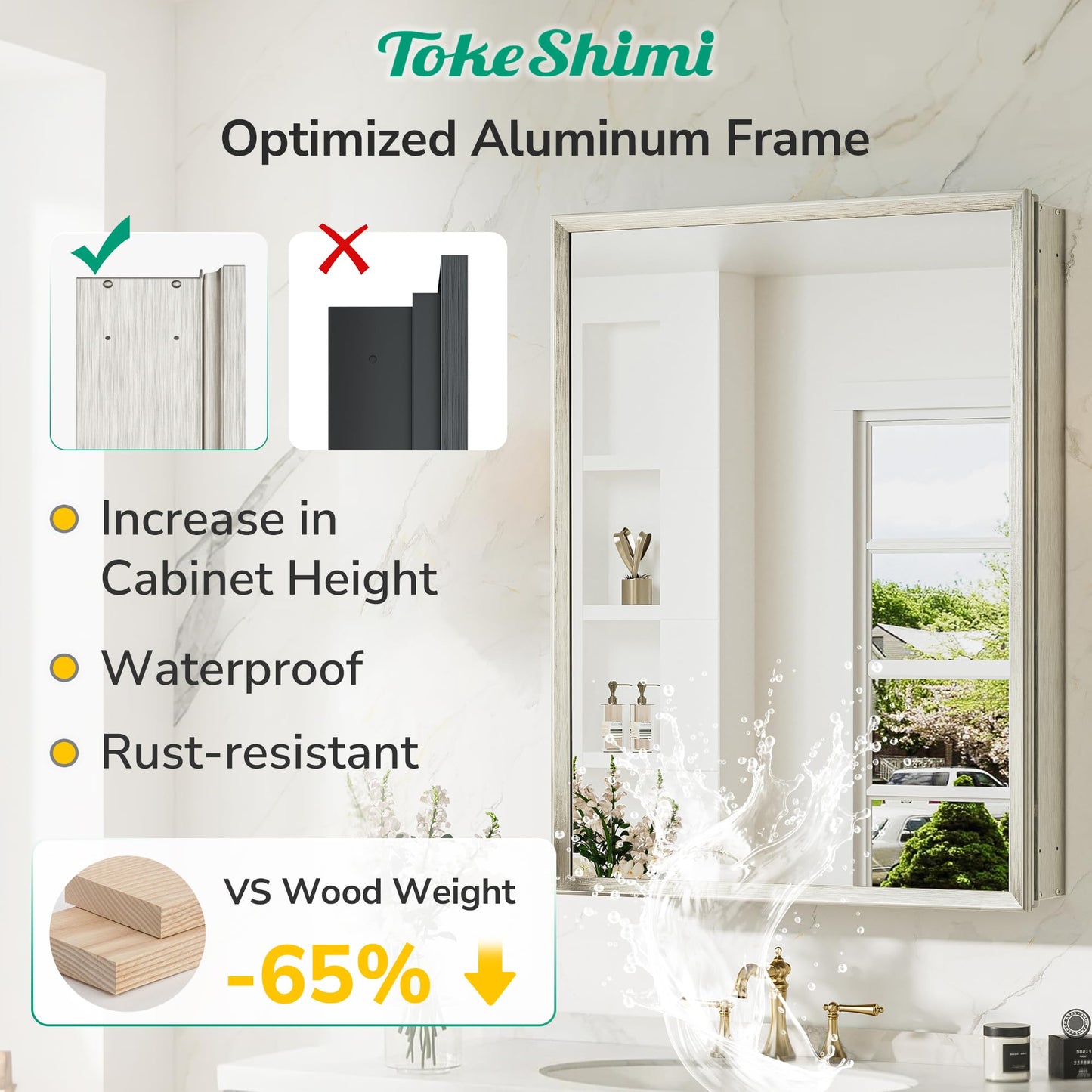 TokeShimi 14 x 24 Brushed Nickel Recessed Medicine Cabinet with Mirror, Assembly Required, Bathroom Medicine Cabinet with Mirror, Stepless Adjustable Shelves, Beveled Aluminum Frame, DTC Hinge