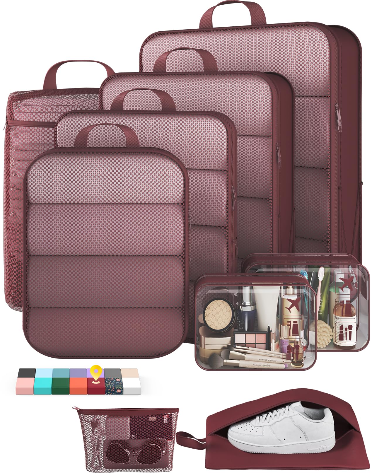 Veken 9/11 Set Compression Packing Cubes for Travel Essentials,Compressible Expandable Large Luggage Suitcase Organizer Bags for Clothing,Space Saver Bags with Over 1000 pcs of Mesh Holes(Wine Red)