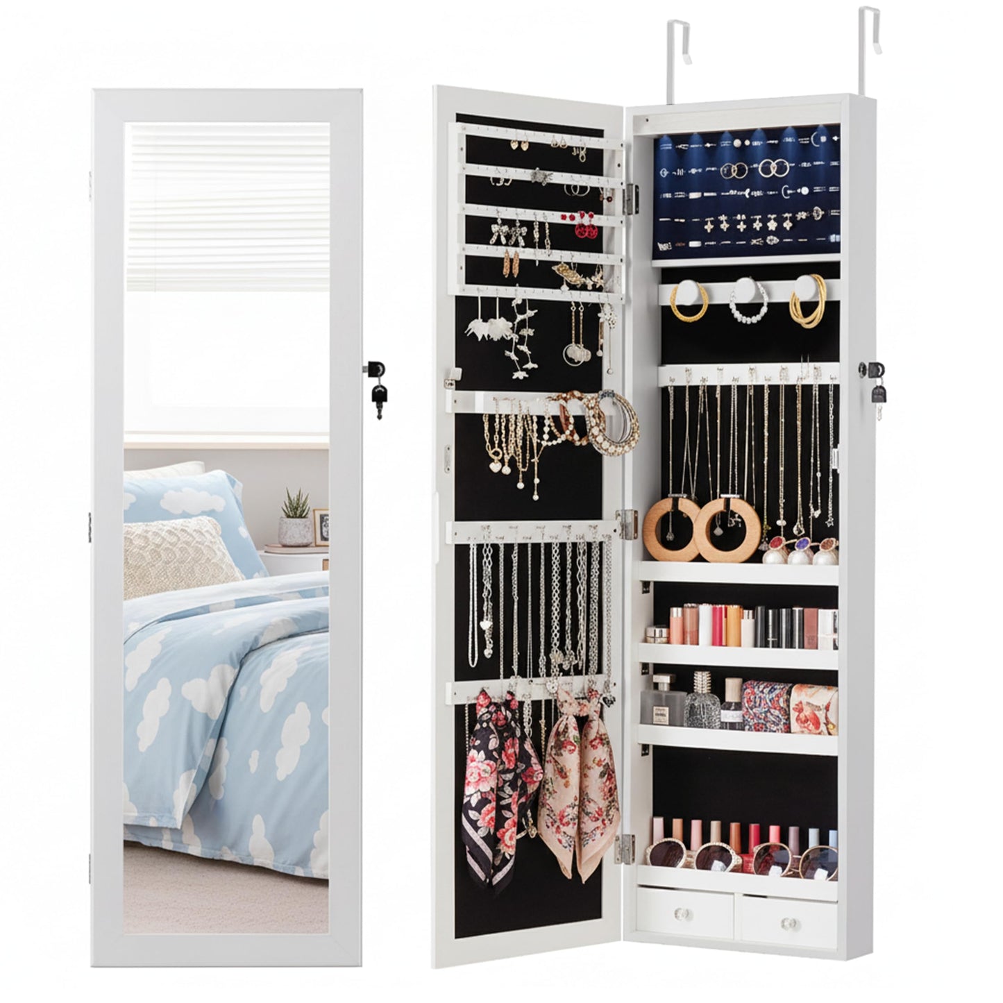 HealSmart 6 LEDs Mirror Jewelry Cabinet, Wall or Door Mounted Full Length Mirror with Storage, 47.2-Inch Tall, Lockable Jewelry Mirror Organizer, Ideal Gift