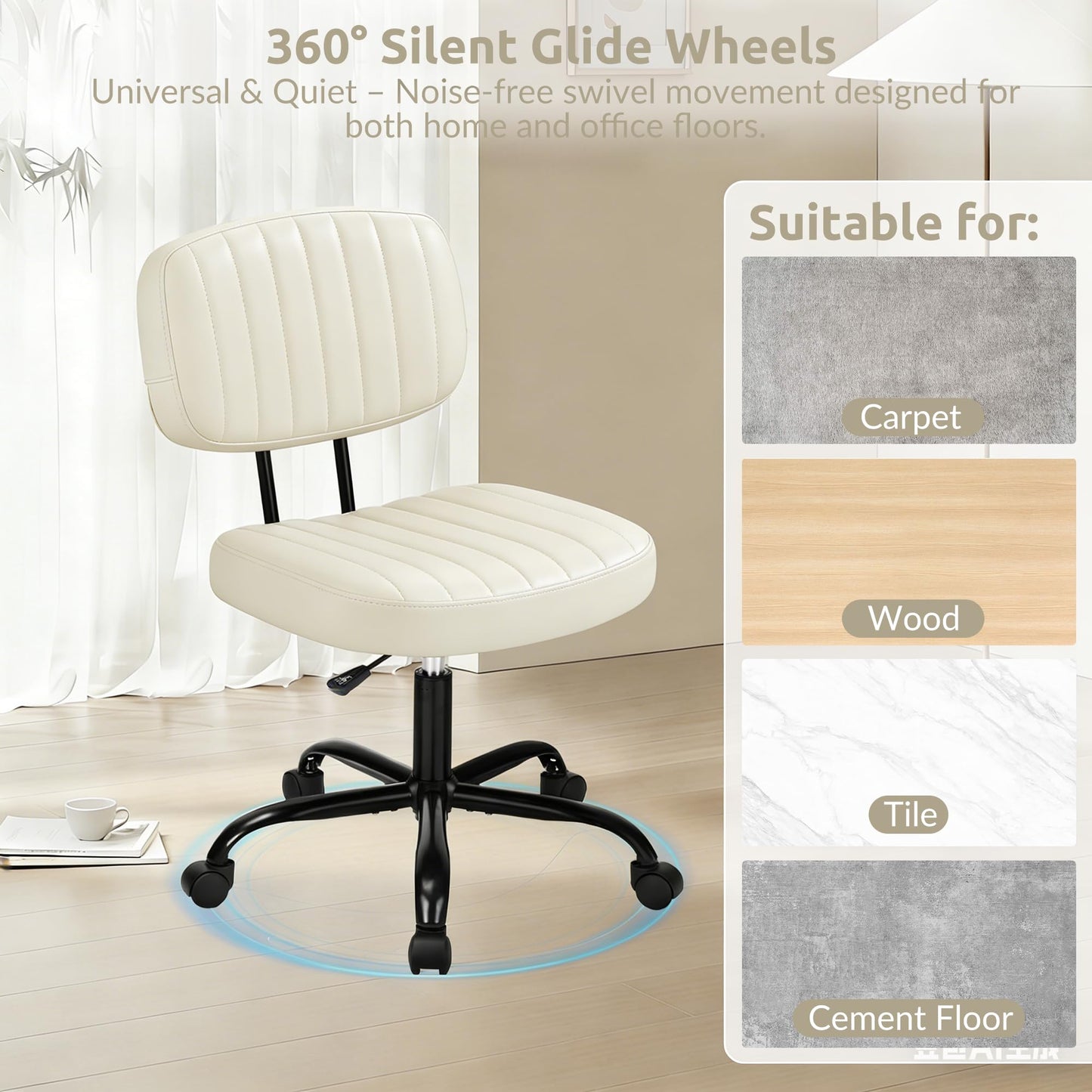 Swivel Rolling Office Chair, Armless Pu Leather Vanity Chair with Back Lumbar Support Height Adjustable Computer Chair, Small Desk Chair for Home Office, Beige White