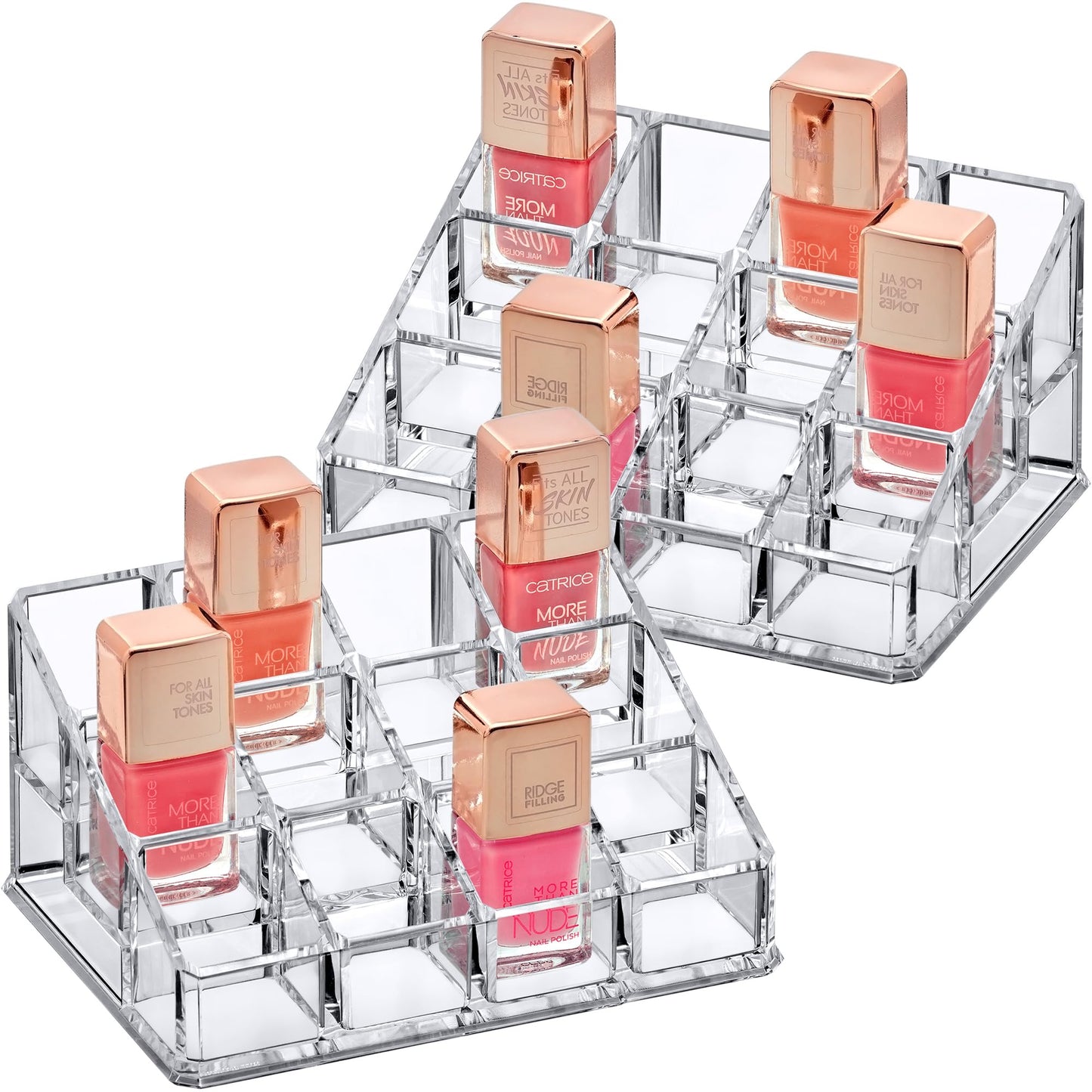 Amazing Abby - Charm - 2-Pack 12-Slot Acrylic Nail Polish Organizer, Lipstick Holder, Lip Gloss Organizer, Cosmetic Storage Display, Perfect Storage Solution for Drawer, Vanity, Bathroom, and More