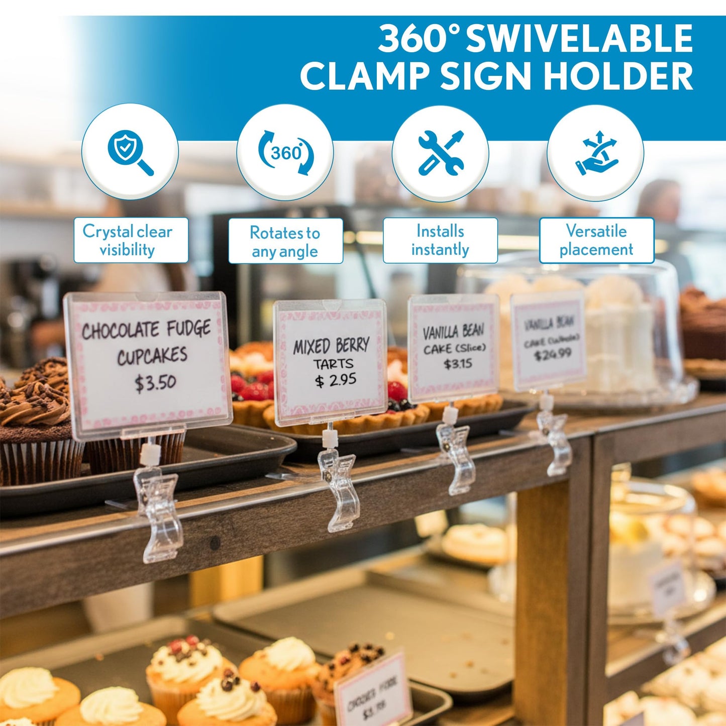 Clip Strip Rotating Clip on Sign Holder, 5 Pack Retail Display Sign Holders with 360° Swivelable Clamp, POP Rotating Sign Clip w/ Clear Print Protector Sleeve Fits Signs 5.5" W x 3.5" H, Clip on Racks, Rails, Tubes, or Merchandise