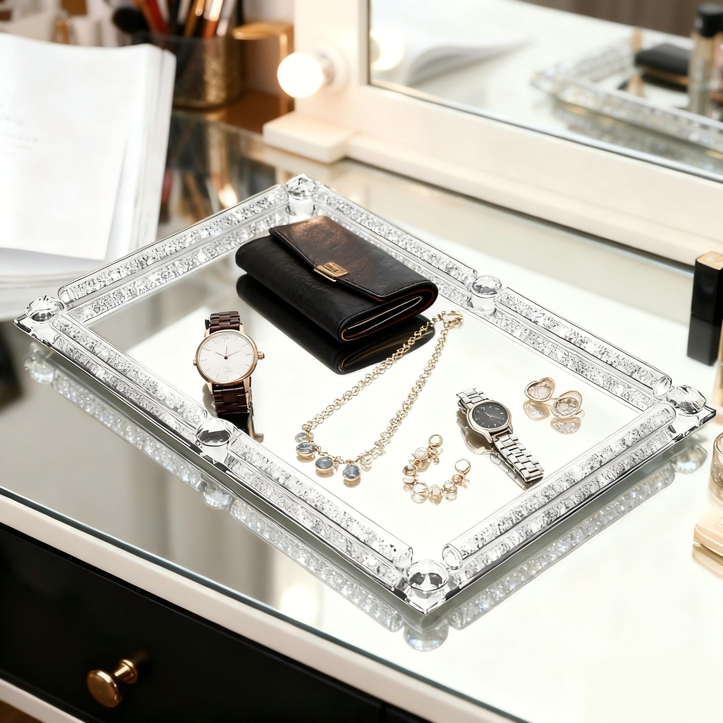 3-in-1 Perfume Crystal Mirror Tray, Luxurious Crushed Diamond Silver Decorative Tray, Non-Slip Desktop Storage Tray, Suitable for Storing Jewelry, Perfumes, and Cosmetics
