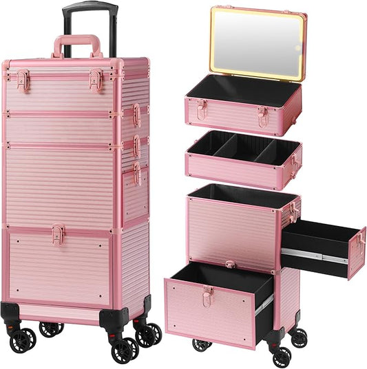 Makeup Train Case with LED Mirror, Rolling Makeup Case with Drawers, Cosmetology Case on Wheels, Gift, Travel Makeup Organizers, Profesional Cosmetic Case for Salon Barber,Nail,Tattoo, Pink