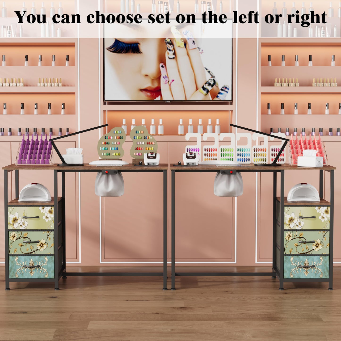 NinPeen Nail Table with dust Collector，Small Manicure Table with Drawers for Nail tech，Nail Station with Open Shelf for Home,Workshop,Makeup Beauty Salon Workstation (Retro Pattern)