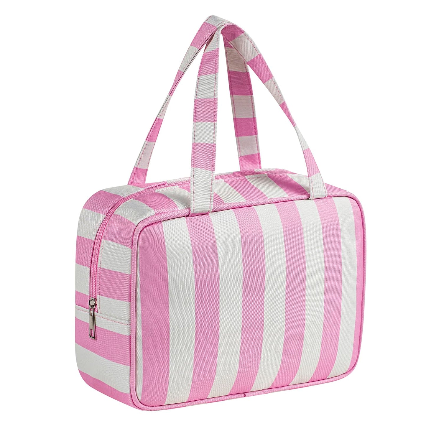 Lestikave Large Stripe Makeup Bag,Aesthetic Travel Cosmetic BagToiletry Bag with Zipper, Travel Organizer for Shampoo, Conditioner, Brushes Set,Makeup Case with Handle (01Pink&White)