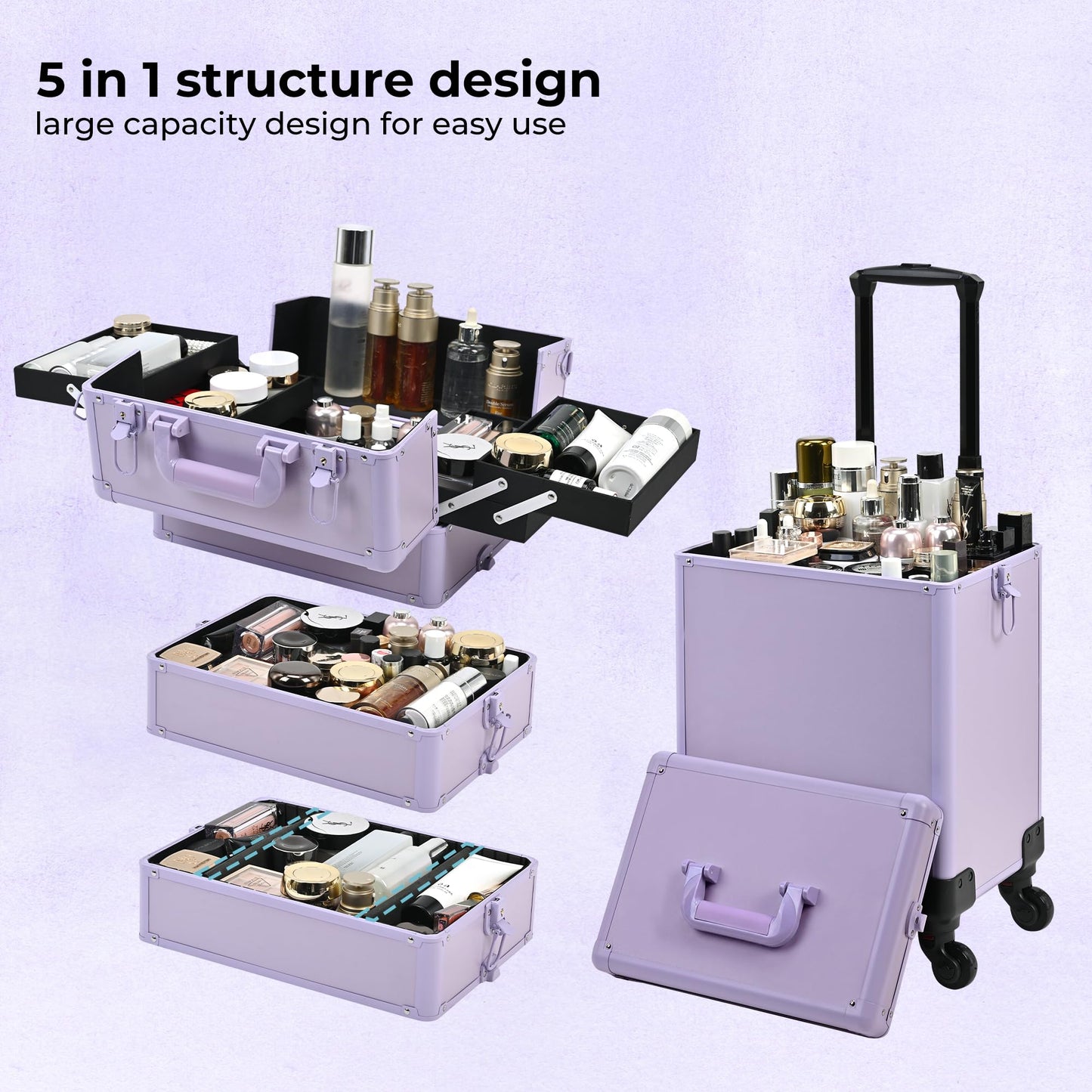 Somduy Rolling Makeup Case, Makeup Train Case with Lid, 5 in 1 Cosmetology Case on Wheels, Christmas Gift, Large Makeup Organizers, Profesional Cosmetic Case for Salon Barber, Purple