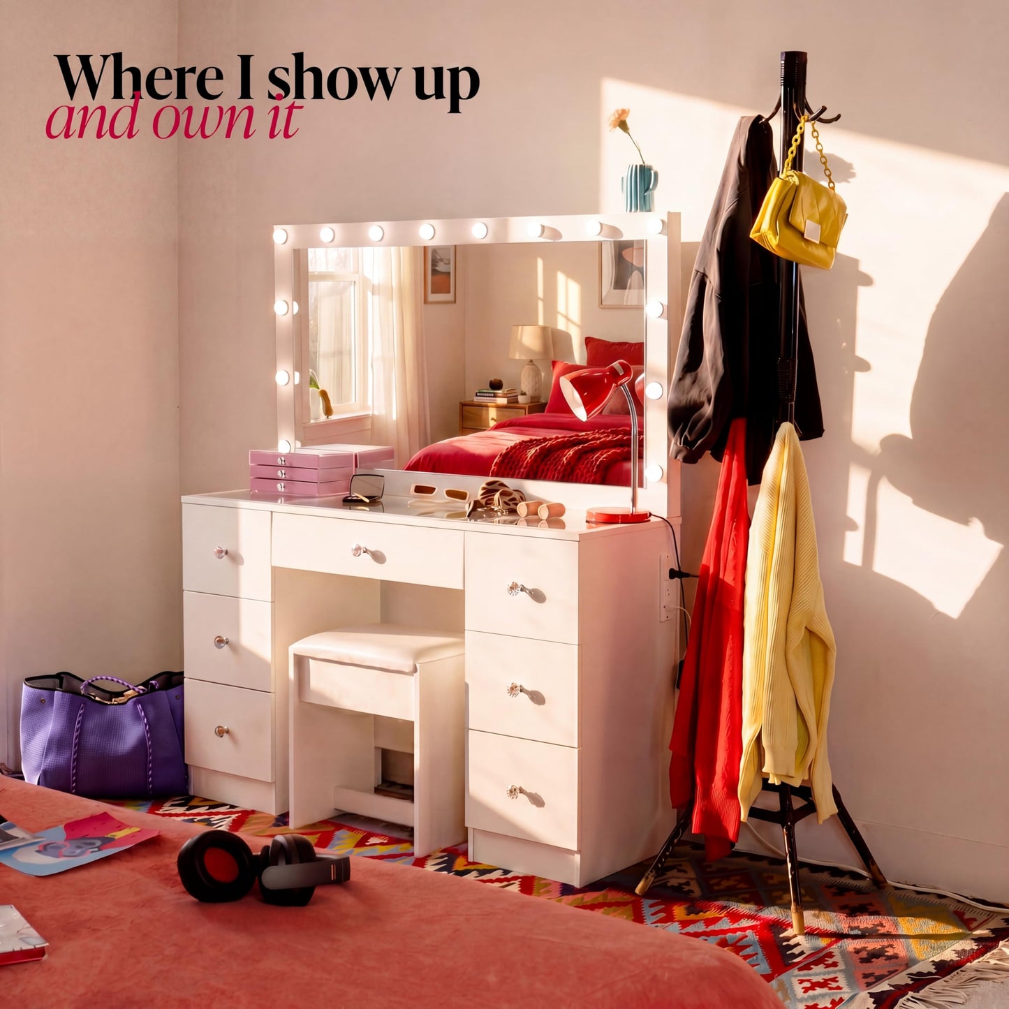 Boahaus Nova Vanity Desk with Framed Bulb Mirror & Stool – 7 Drawer Integrated Makeup Station