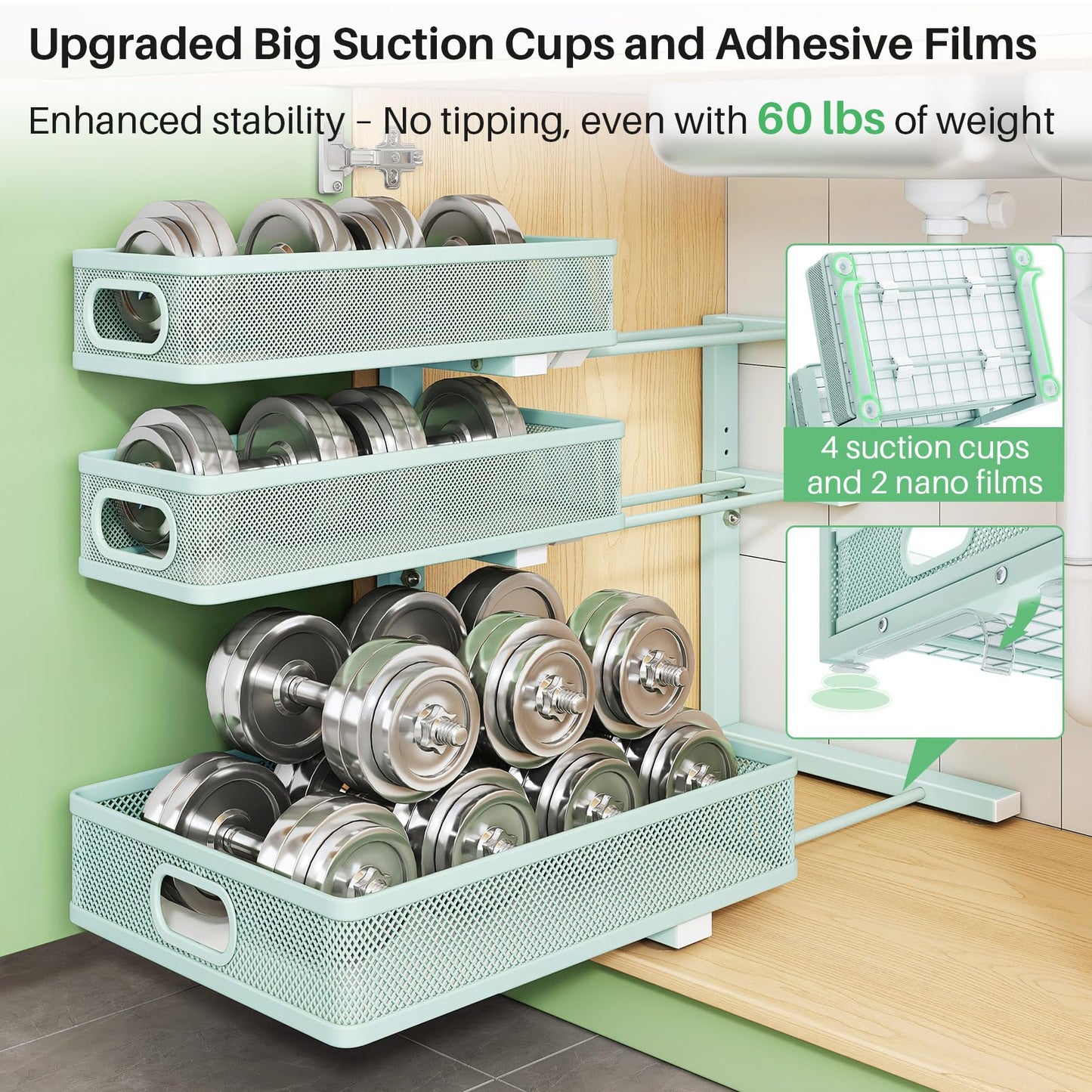 Under Sink Organizer, 2-Pack 3-Tier Height Adjustable Thickened Metal Pull out Cabinet Organizer Shelf, Slide out Storage Drawer Rack for Bathroom Kitchen Pantry Home Organization, LightBlue