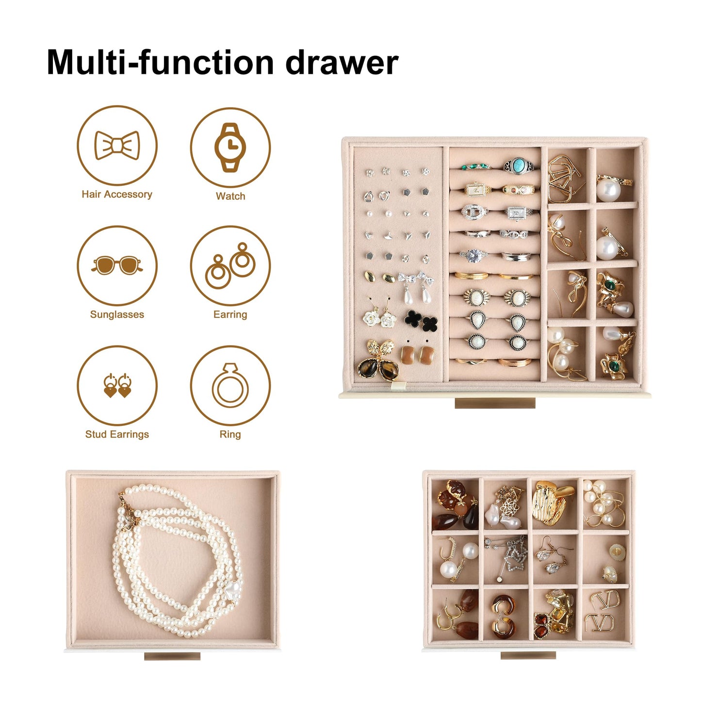 Frebeauty Clear Lid Jewelry Box,3-Layer Jewelry Organizer with Drawer,PU Leather Jewelry Organizers and Storage,Jewelry Boxes for Women,Jewelry Storage for Rings Earring Stud,Gift for Women(White)
