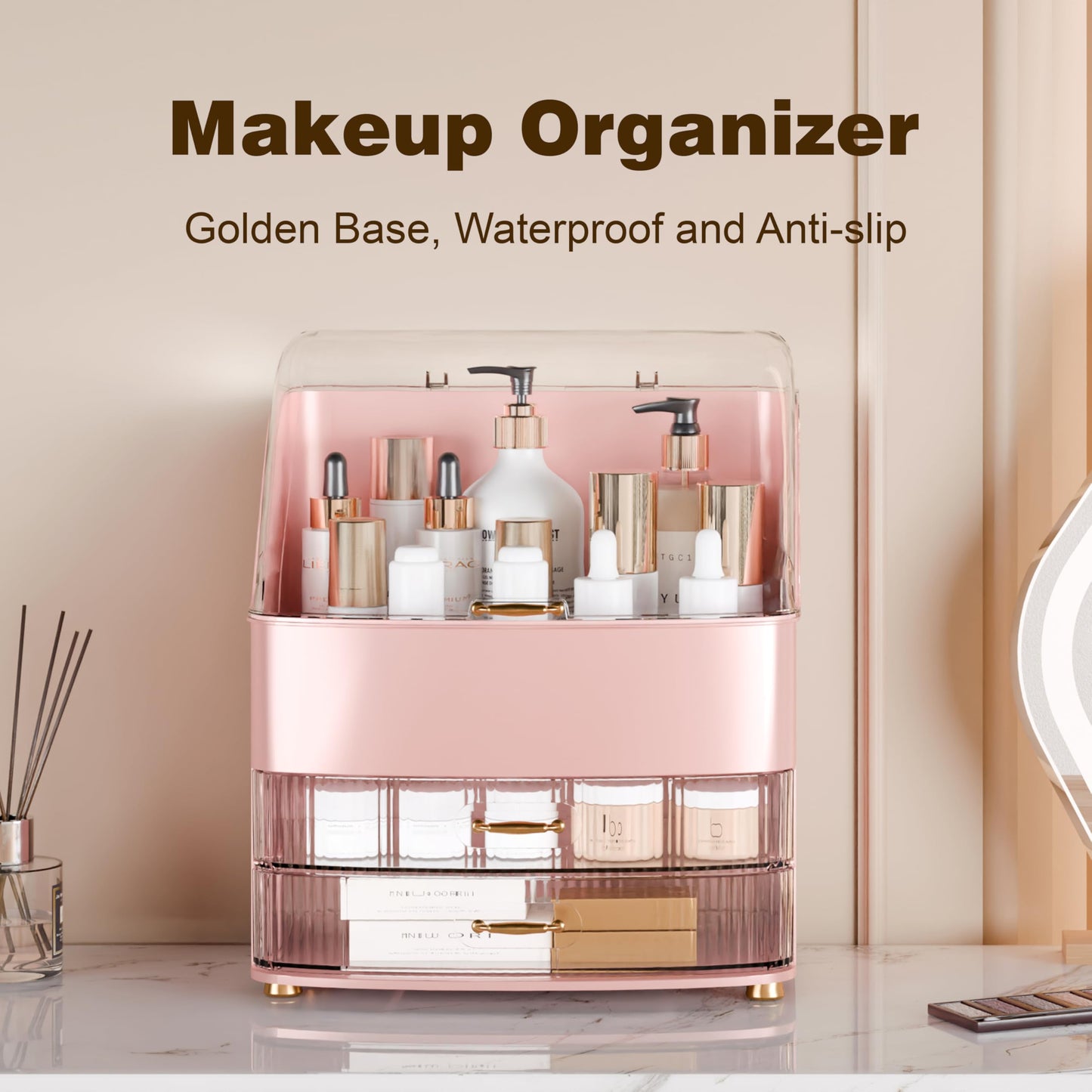 Plukers Makeup Organizer Countertop Vanity with Transparent Lid Drawers Waterproof Dustproof Cosmetic Skincare Bathroom Storage Gift for Women Teens Girls (Pink)